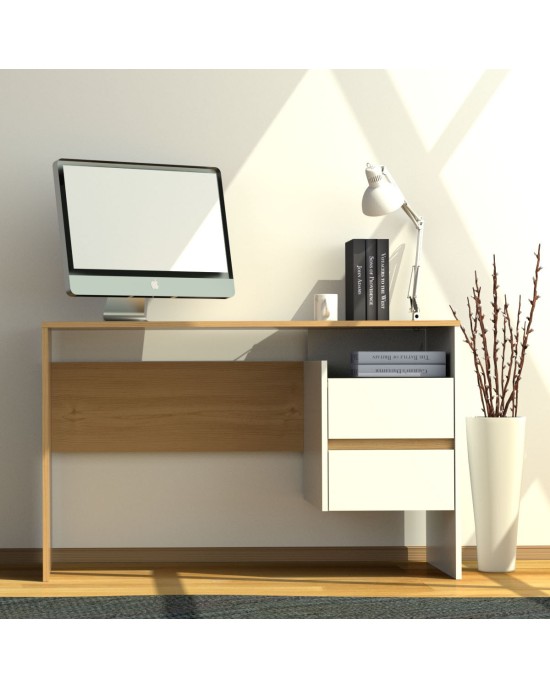 Γραφείο 120x55x75εκ Λευκό με Φυσικό Μοντέρνα Σχεδίαση με Συρτάρια
